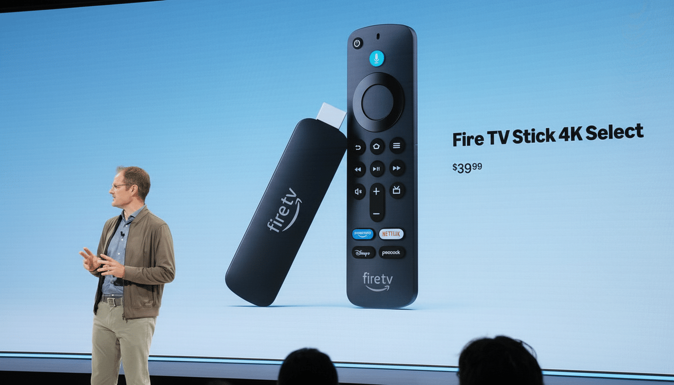 A man presenting the Fire TV Stick 4K Select and its remote on a large screen.