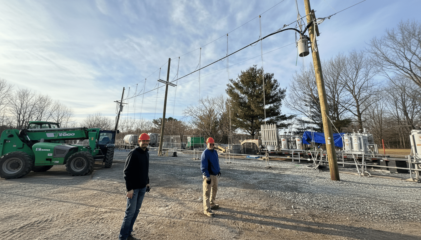 Two men in hard hats standing on a gravel lot with power lines and equipment in the background.
