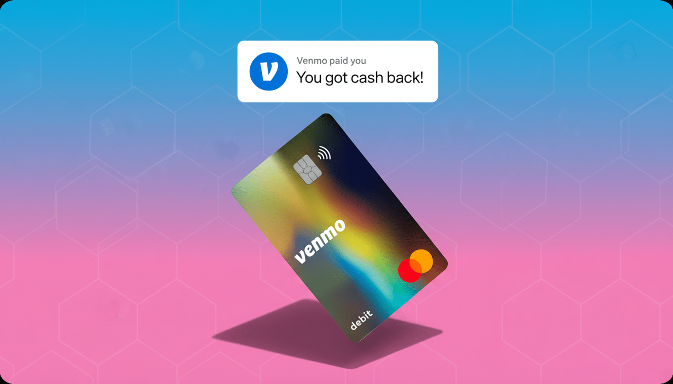 A Venmo debit card with a notification bubble above it that reads Venmo paid you You got cash back! The background is a professional flat design with soft hexagonal patterns and a gradient from blue to pink.