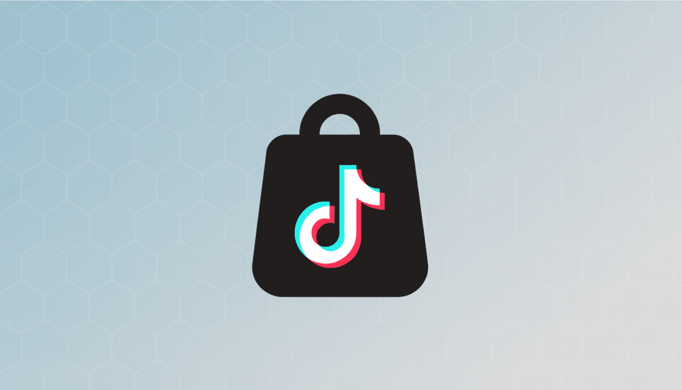 A 16:9 aspect ratio image featuring the TikTok Shop logo, which is a black shopping bag icon with the white, red, and blue TikTok logo in the center, set against a professional light blue gradient background with a subtle hexagonal pattern.