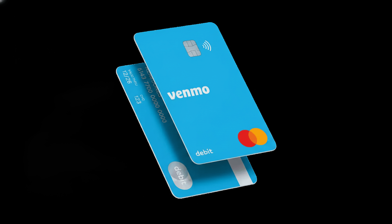 A Venmo debit card in a 16:9 aspect ratio, professionally enhanced with a black background.