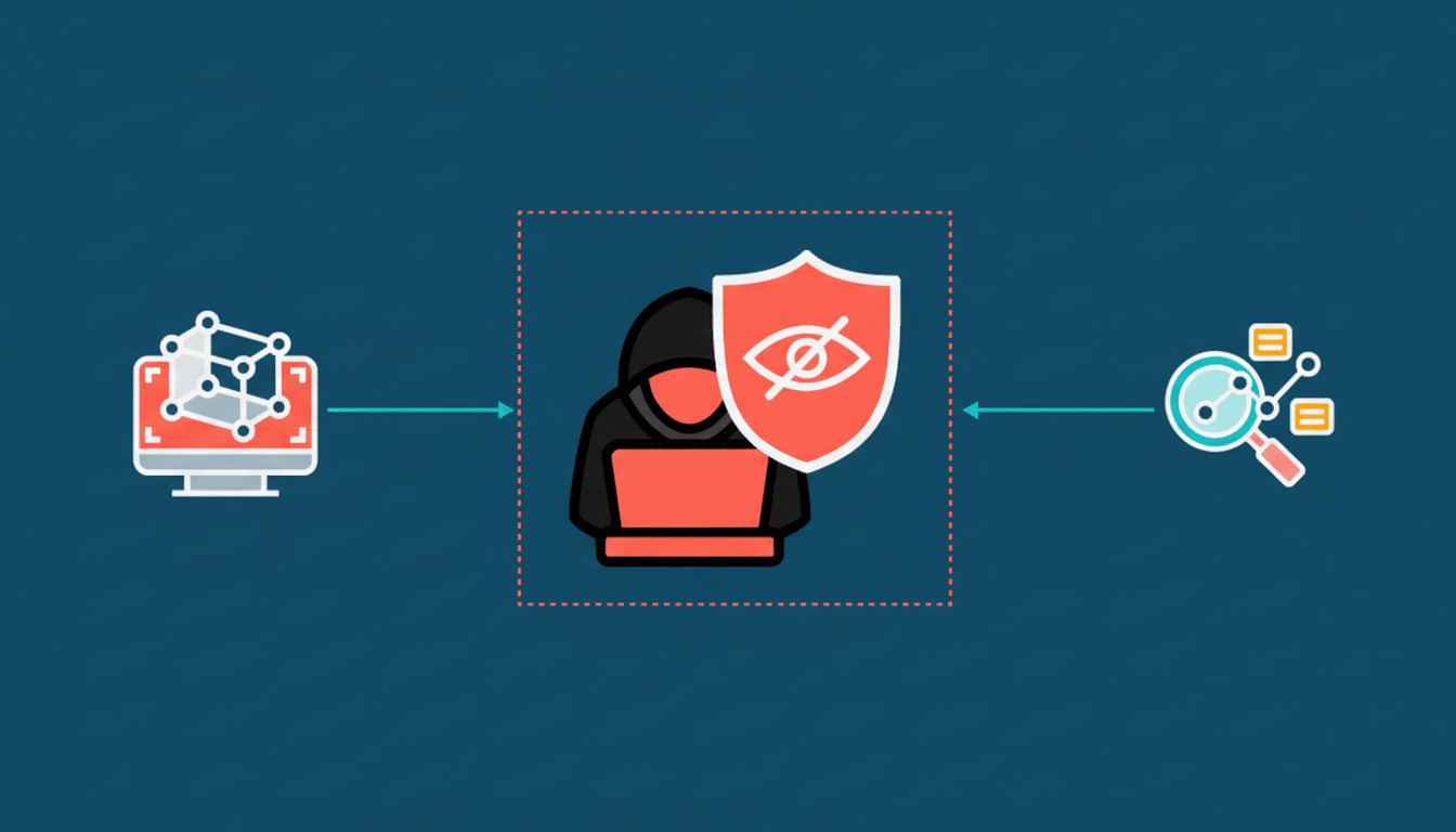 A 16:9 aspect ratio image showing a hacker with a shield icon, representing privacy, between a computer with a 3D model and a magnifying glass icon, representing data analysis.