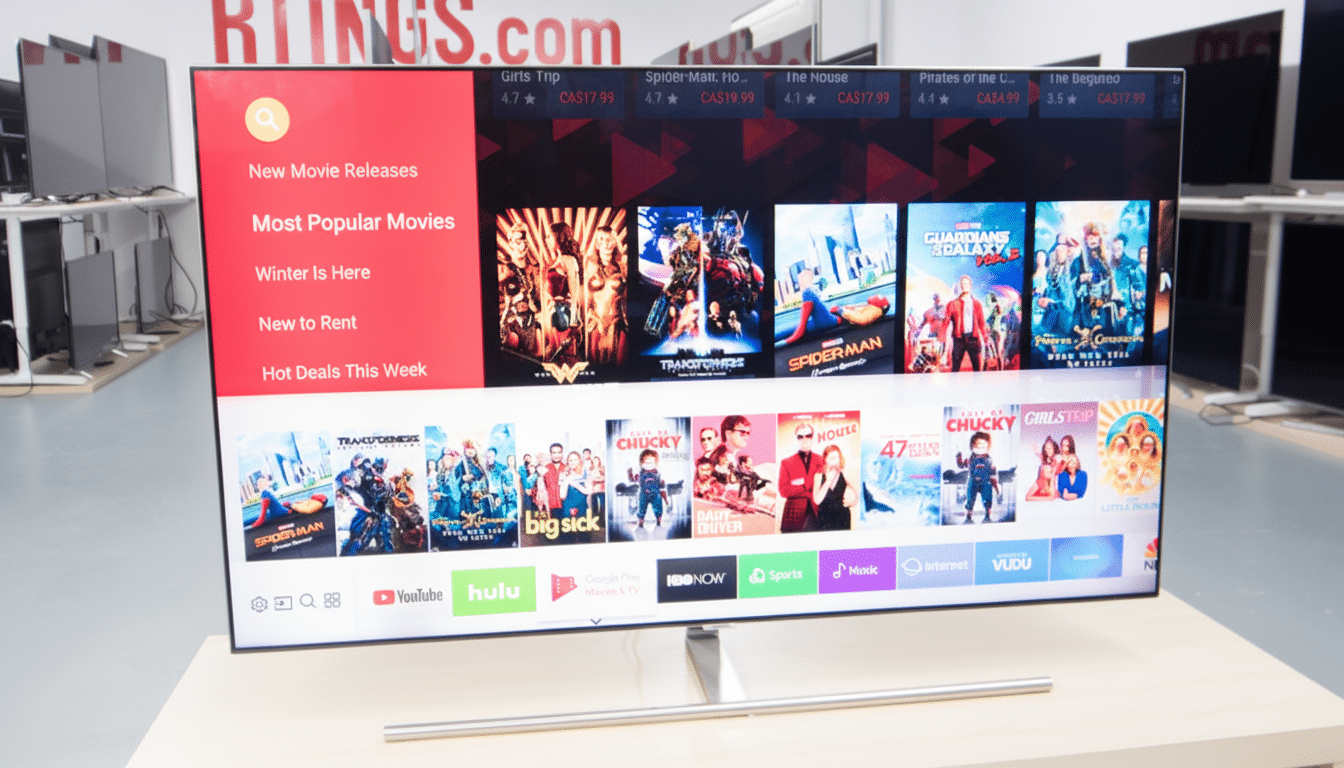 A television displaying a movie streaming interface, resized to a 16:9 aspect ratio.