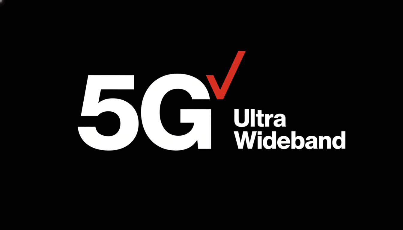 The Verizon 5G Ultra Wideband logo, featuring 5G in large white letters with a red checkmark above the G, and Ultra Wideband in smaller white text below it, all set against a black background.