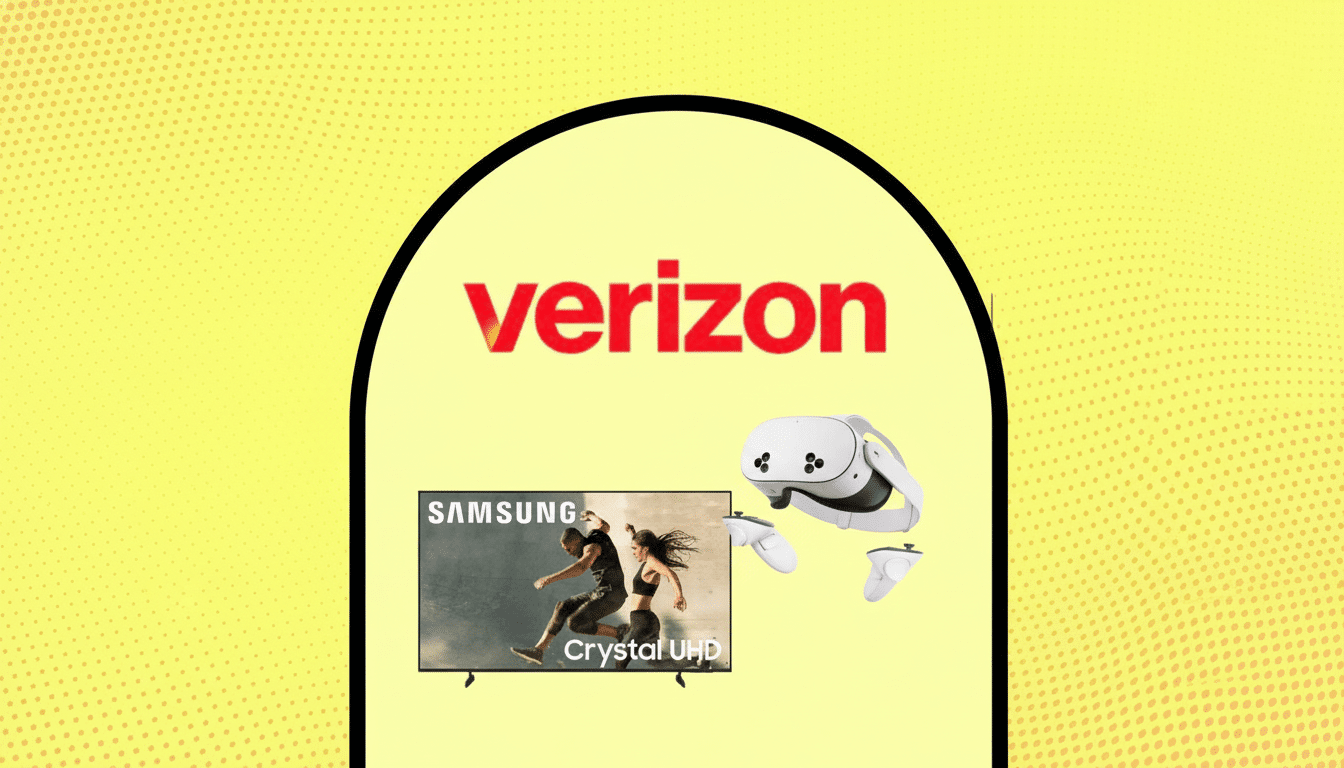 A 16:9 aspect ratio image featuring the Verizon logo, a Samsung Crystal UHD TV displaying two people exercising, and a white VR headset with controllers, all set against a yellow background with a subtle dotted pattern.
