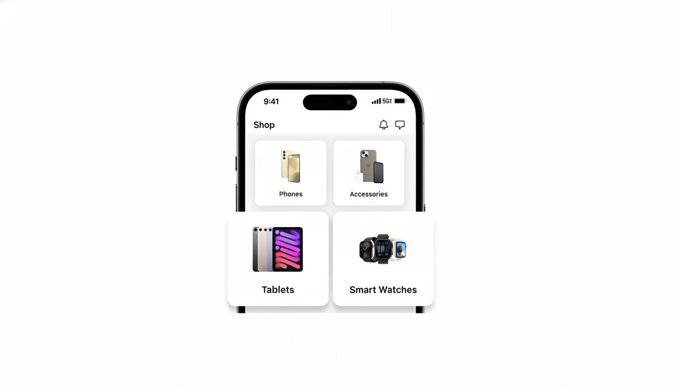 A smartphone screen displaying a Shop interface with categories for Phones, Accessories, Tablets, and Smart Watches.