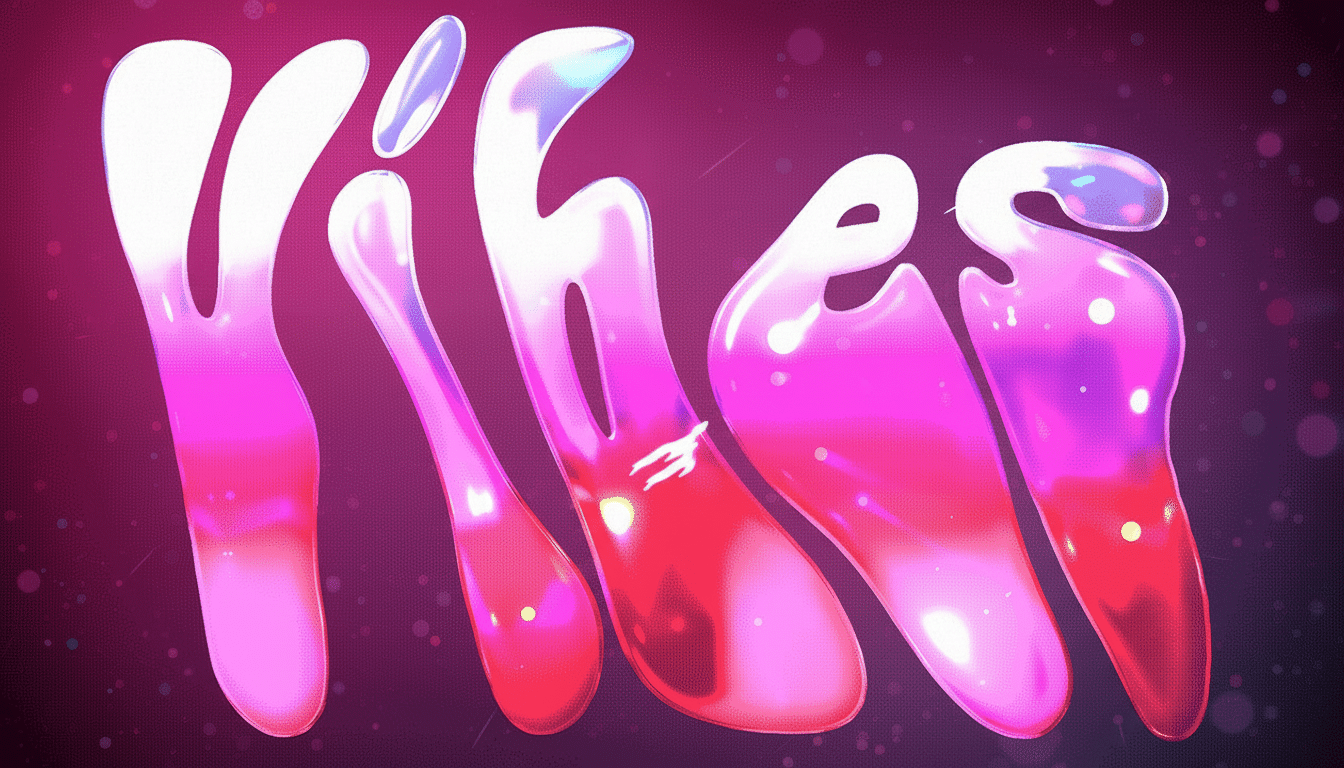 The word Vibes rendered in a glossy, bubblegum pink and purple 3D font, set against a dark, subtly textured background with faint glowing particles.