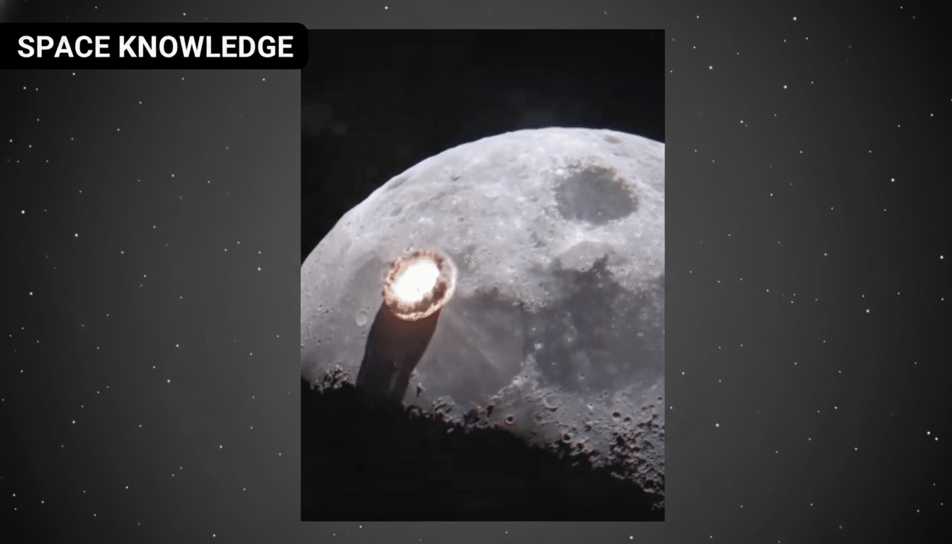 A 16:9 aspect ratio image showing a bright, fiery object impacting the moons surface, with SPACE KNOWLEDGE text in the top left corner. The background is a dark, starry sky.