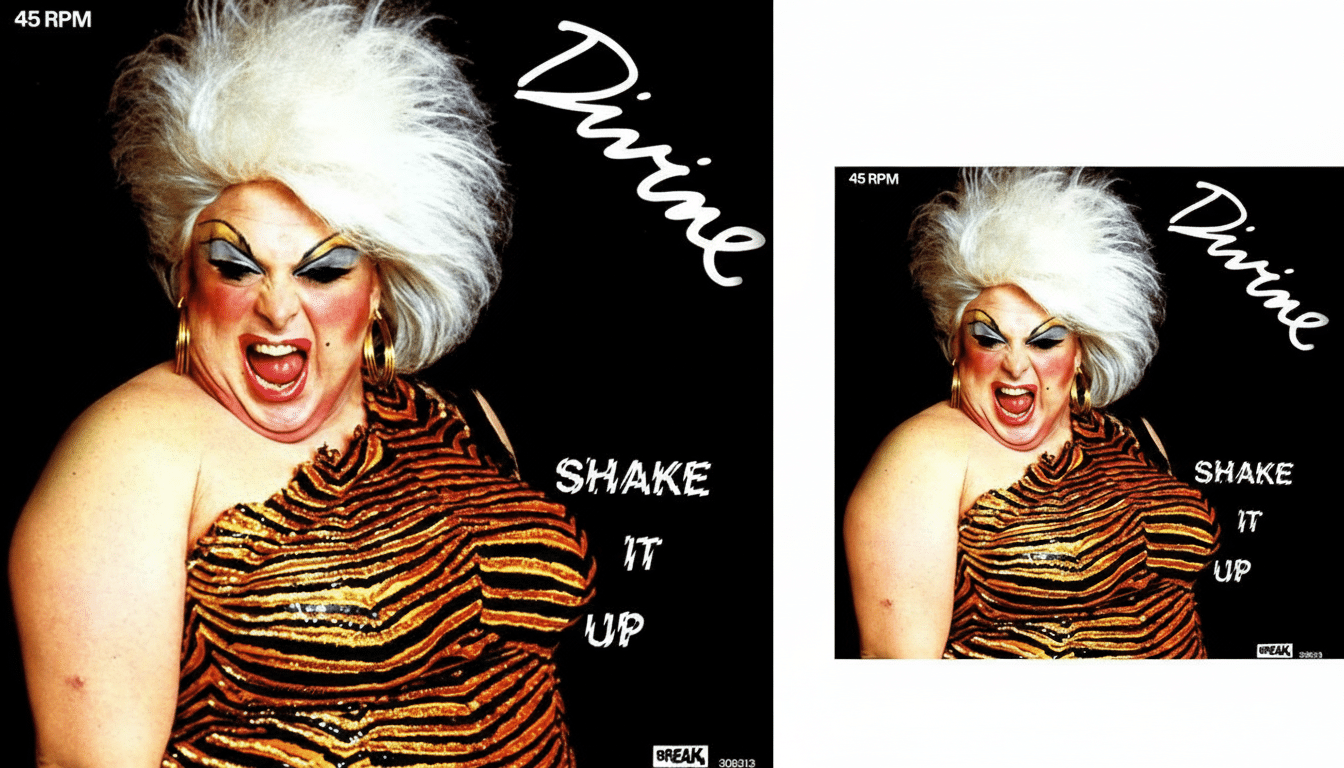 A 16:9 aspect ratio image of Divine, a drag queen, with a white bouffant wig, dramatic makeup, and a tiger-print sequined top, against a black background. The text Divine is in white script at the top right, and SHAKE IT UP is in white block letters at the bottom right.