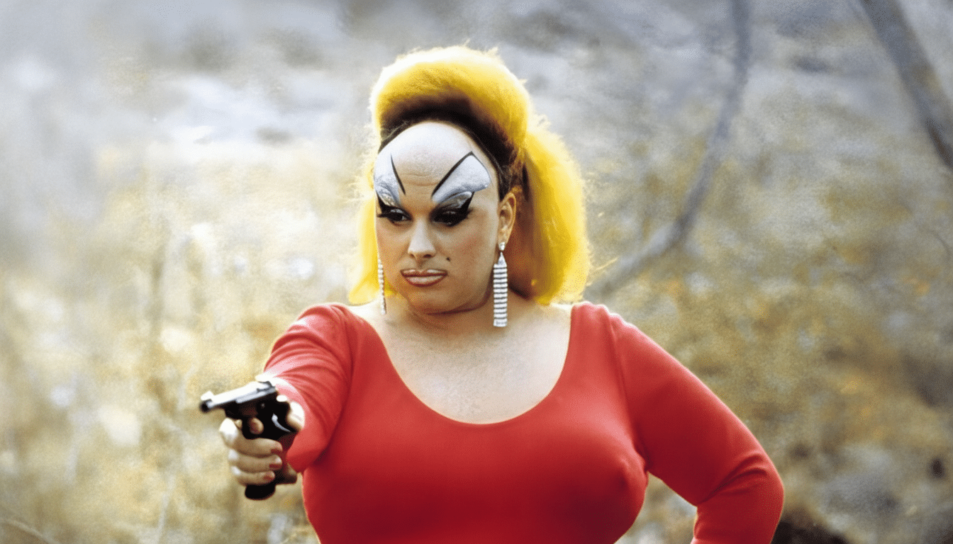 A person in drag, wearing a red dress and a yellow wig, holding a pistol and aiming it forward.