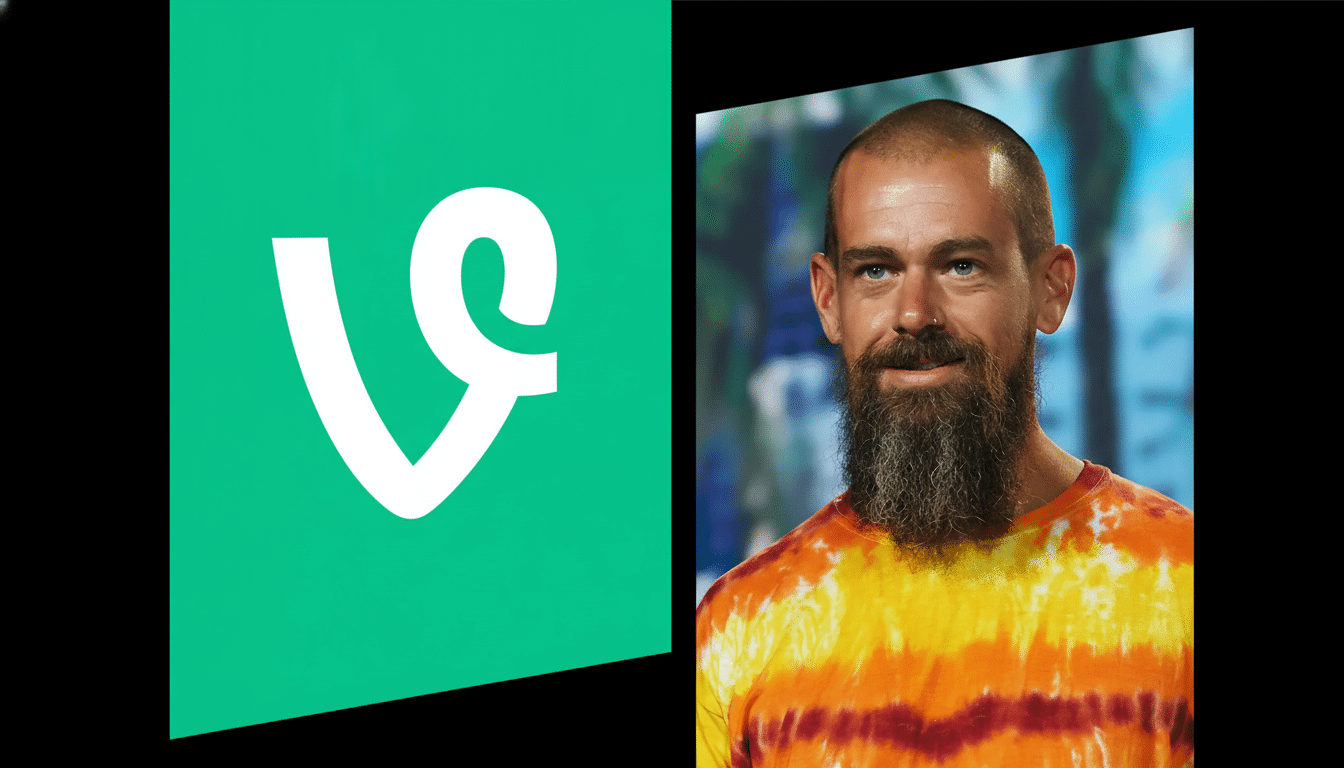 A 16:9 aspect ratio image featuring the Vine logo on the left and a man with a beard wearing a tie-dye shirt on the right.