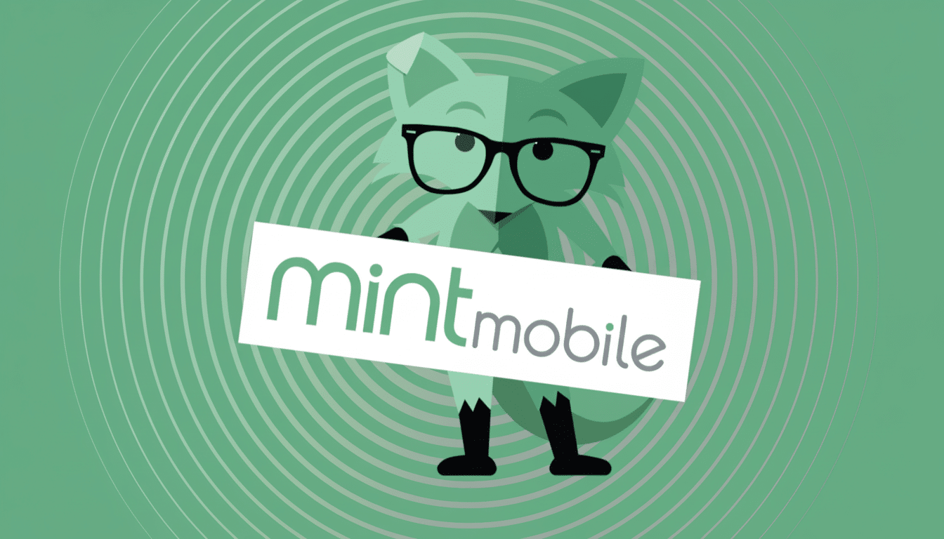 A 16:9 aspect ratio image featuring the Mint Mobile fox mascot wearing glasses and holding a white sign with the mint mobile logo, set against a professional flat design background with soft green concentric circles.