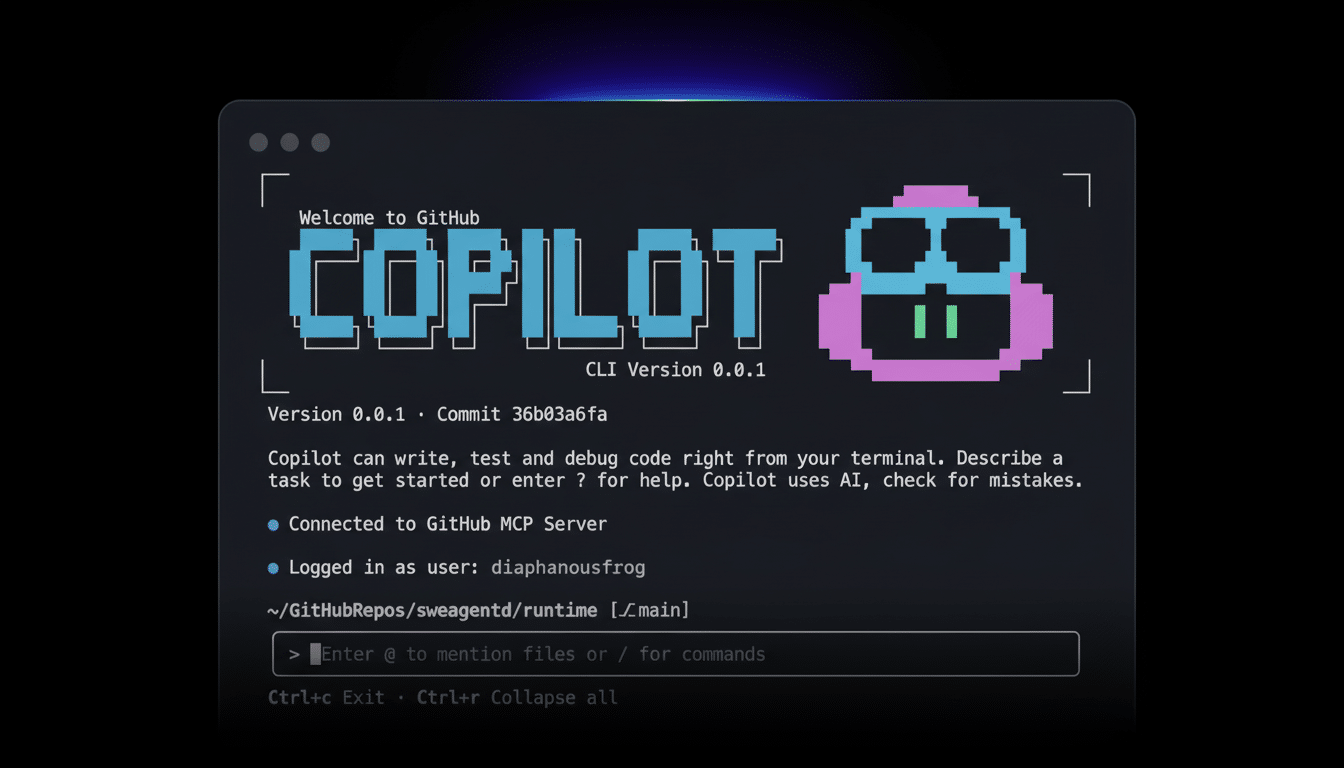 A screenshot of the GitHub Copilot CLI interface, displaying Welcome to GitHub Copilot and version information, with instructions on how to use the AI-powered coding assistant.