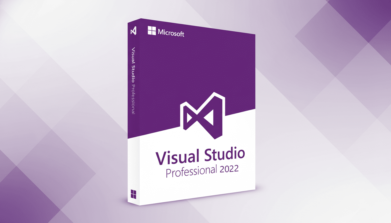 A 16:9 aspect ratio image of the Visual Studio Professional 2022 software box, featuring a purple and white design with the Microsoft logo and a stylized M icon, set against a professional flat design background with soft purple gradients and subtle geometric patterns.