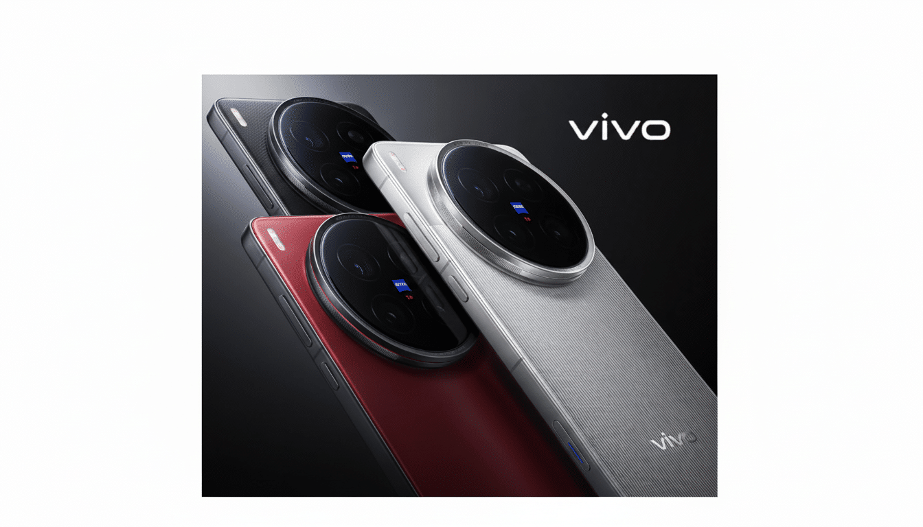 Three Vivo smartphones, one black, one red, and one silver, are displayed at an angle against a dark background with the Vivo logo in the upper right corner.