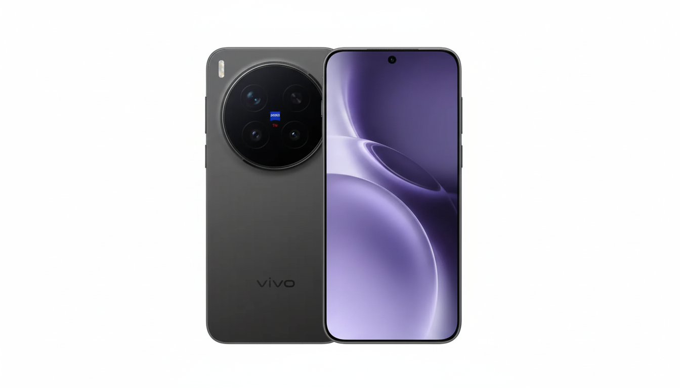 A Vivo smartphone, shown from the front and back, with a large circular camera module on the rear and a purple-themed display on the front, set against a clean white background.