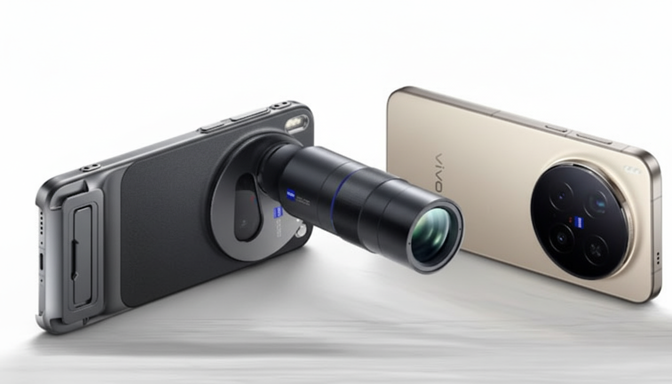 A black smartphone with an attached telephoto lens and a gold smartphone with a large circular camera module, both lying on a white surface.
