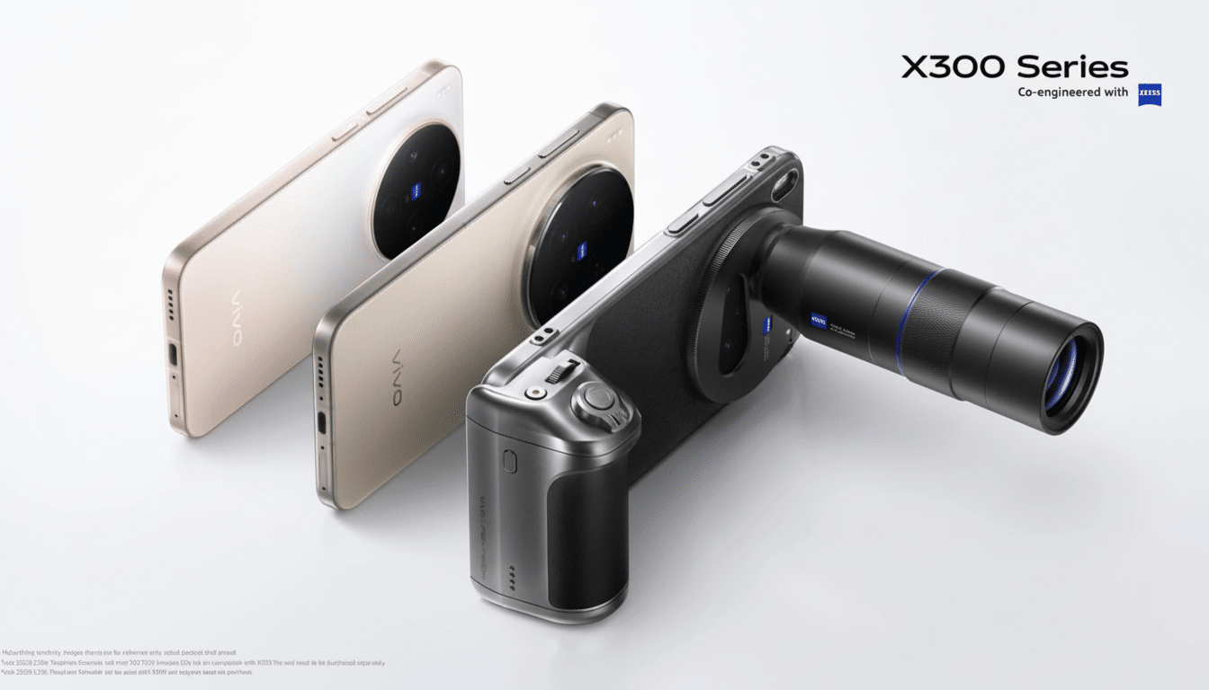 Three Vivo X300 Series smartphones, one with an attached external camera lens, displayed on a white background.