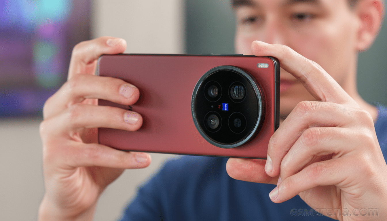 A person holding a red smartphone horizontally, showcasing its large circular camera module with multiple lenses and the ZEISS logo.