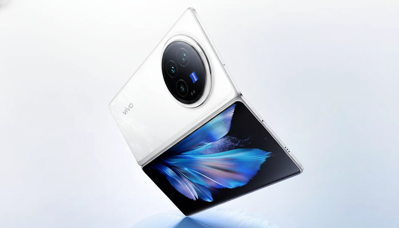 A white Vivo foldable smartphone, partially open, displaying a vibrant blue and purple abstract image on its screen, with its camera module prominently visible on the back.