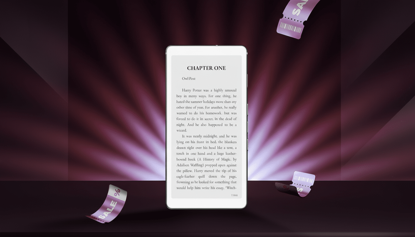 A smartphone displaying Chapter One of a Harry Potter book, with three SALE % tags floating around it, set against a dark background with a central light burst.