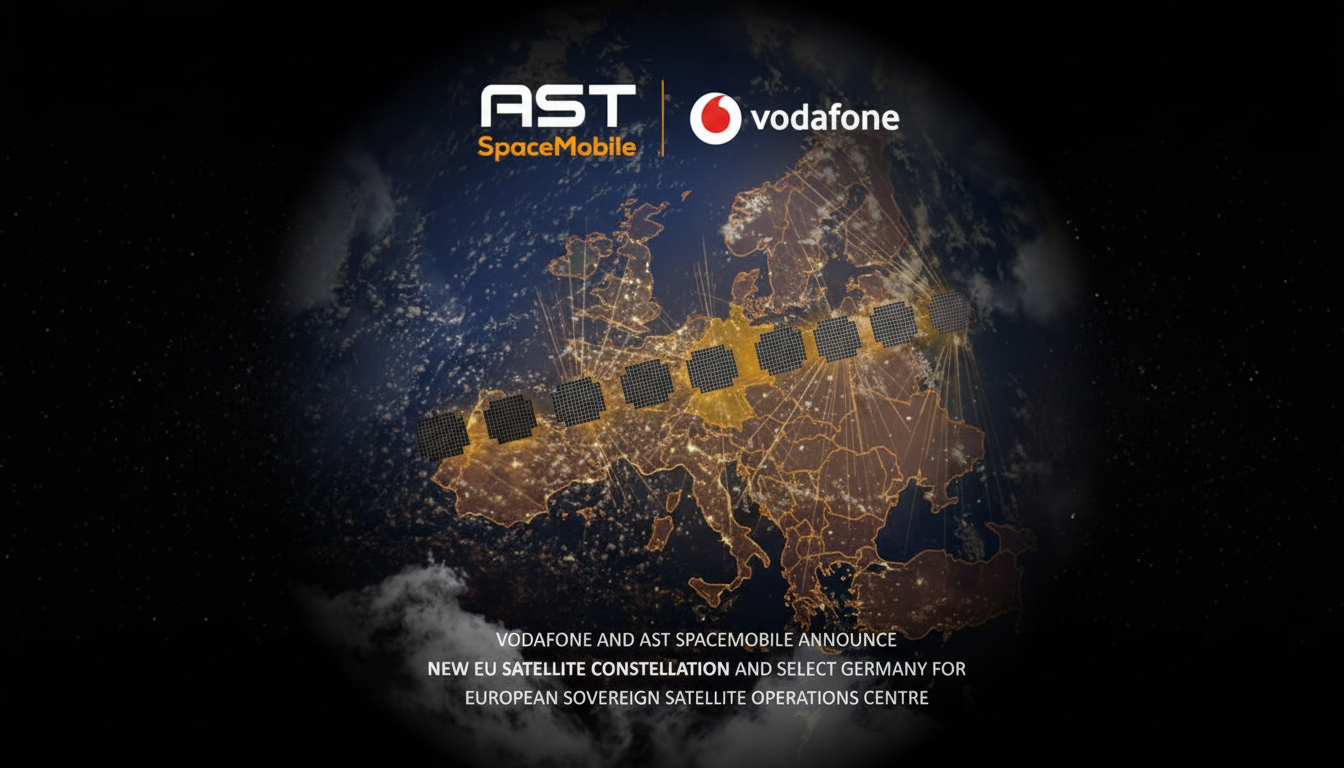 A 16:9 aspect ratio image showing the AST SpaceMobile and Vodafone logos at the top, with a satellite constellation orbiting above a map of Europe. The text below announces a new EU satellite constellation and Germanys selection for the European Sovereign Satellite Operations Centre.