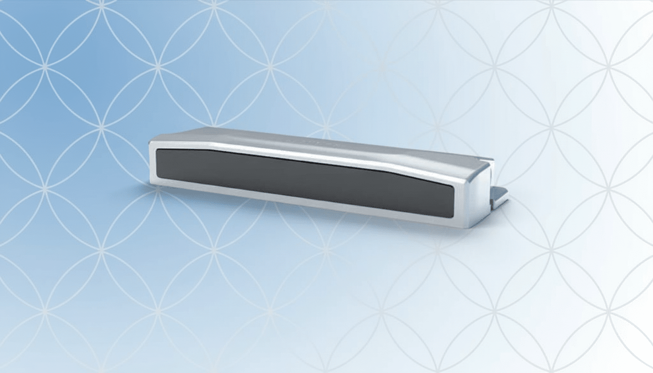 A silver and black rectangular device with a sleek design, presented on a professional blue and white gradient background with a subtle geometric pattern.