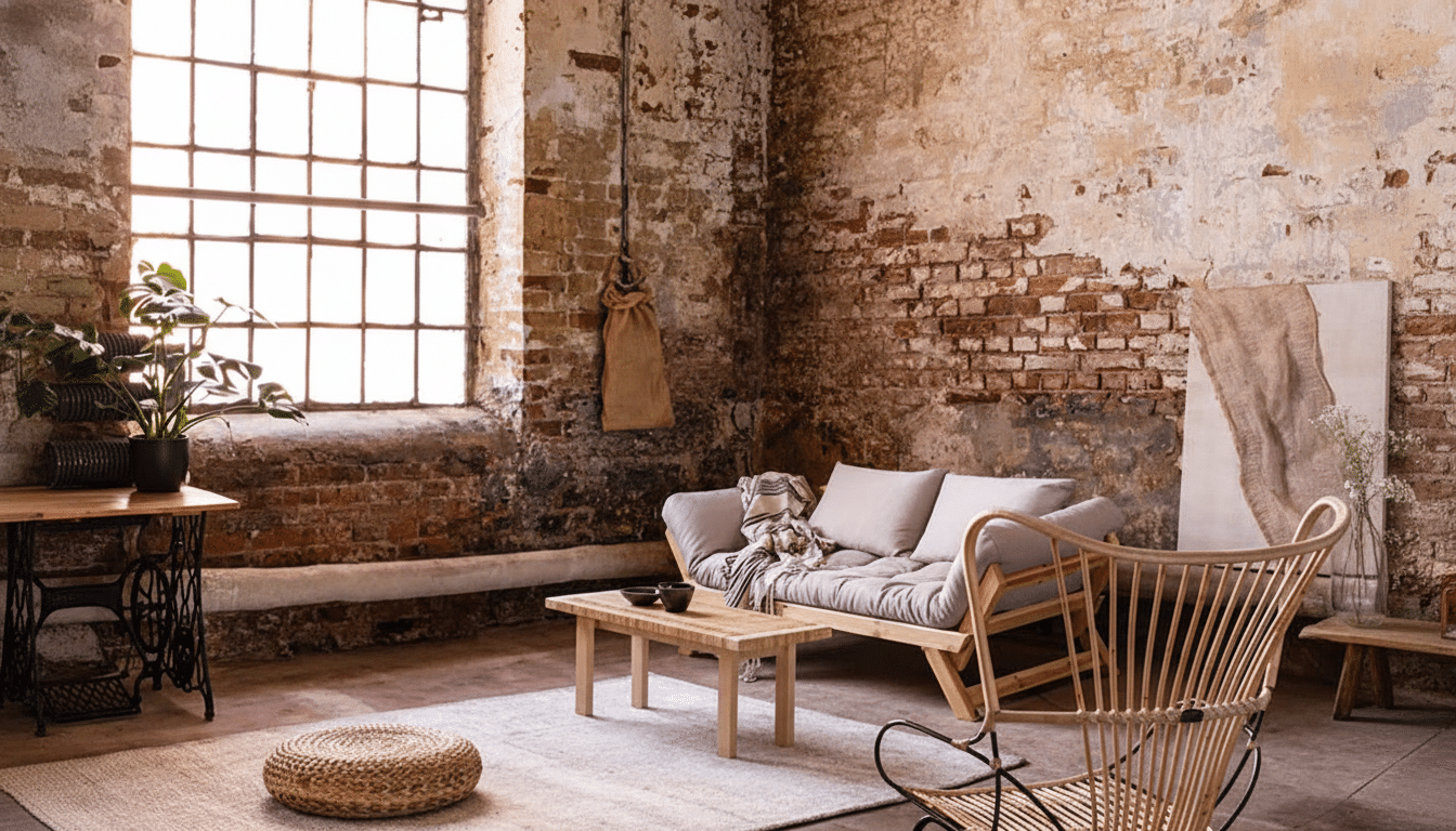 A rustic living room with exposed brick walls, a large window, a light-colored sofa, a wooden coffee table, and a wicker chair.