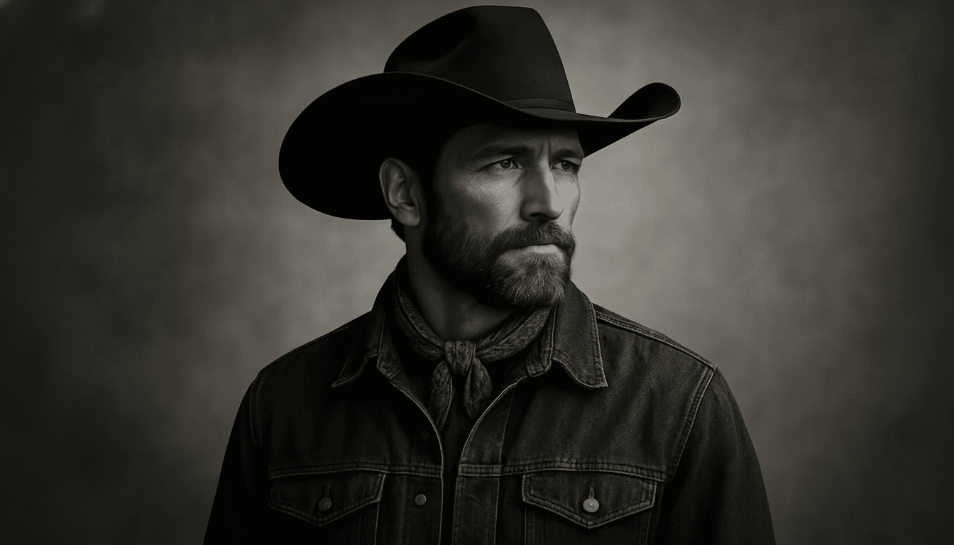 A black and white portrait of a man with a beard wearing a cowboy hat and a denim jacket, looking thoughtfully to the right.