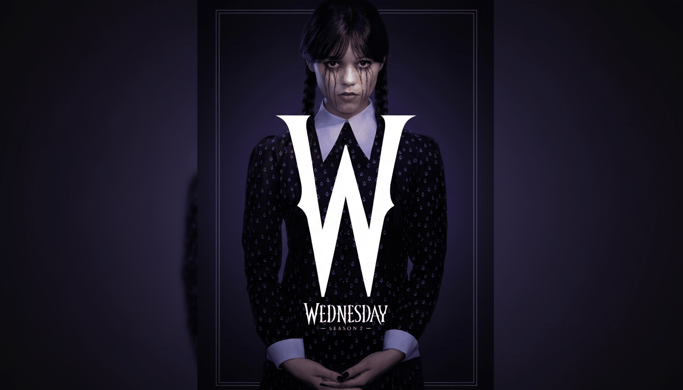 A 16:9 aspect ratio image of Wednesday Addams from the Wednesday series, with a large white W over her torso and WEDNESDAY SEASON 2 text below. She has dark hair in braids, dark makeup under her eyes, and is wearing a dark patterned dress with a white collar and cuffs. The background is a dark purple.