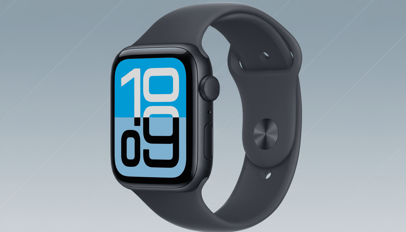 A dark gray Apple Watch with a blue and white digital display showing 19:09 is presented on a professional gray background with subtle gradient patterns.