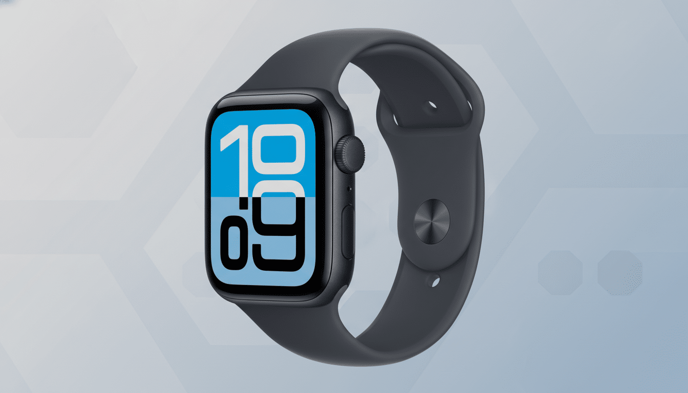 A dark gray Apple Watch with a blue and white digital display showing 19:09 on a professional light gray background with subtle geometric patterns.