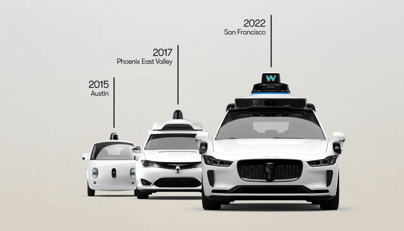 Waymo robotaxi on freeway, launch of rides in Los Angeles, San Francisco, and Phoenix