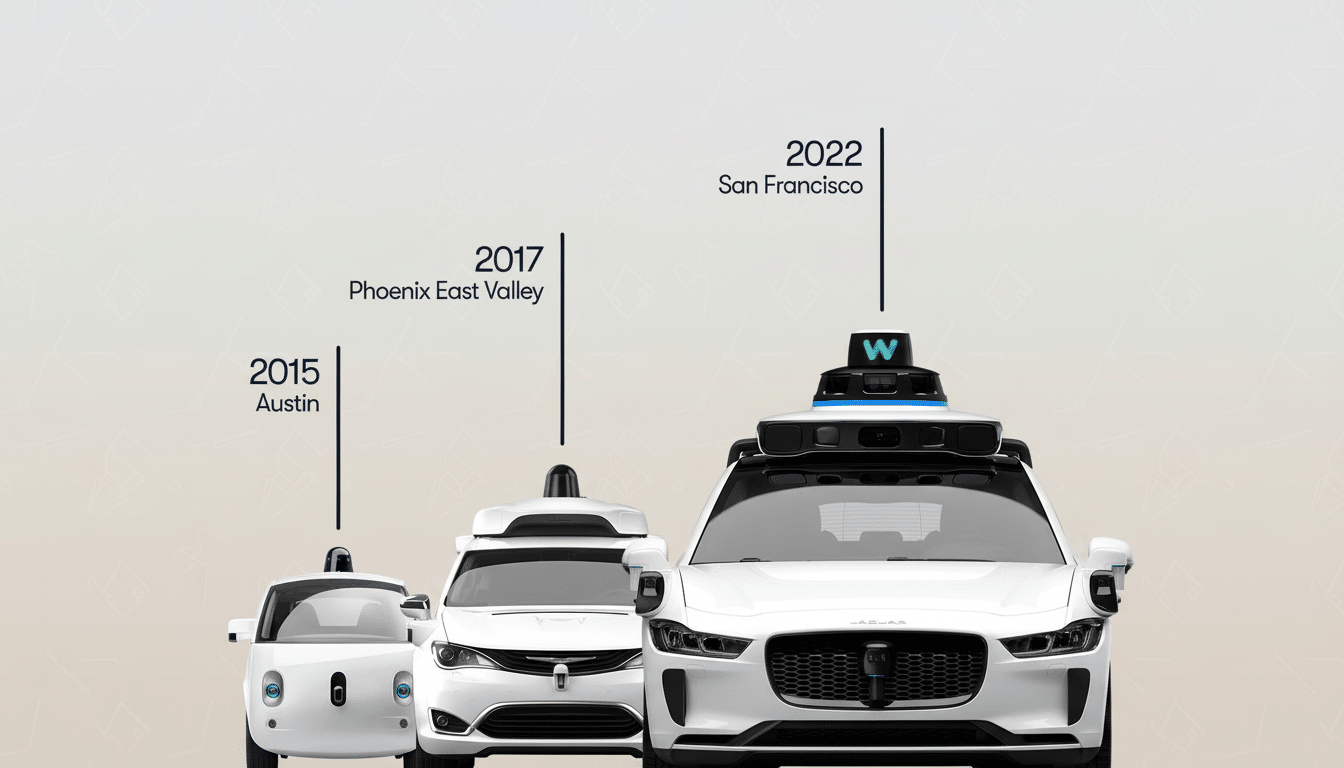 A timeline showing the evolution of Waymos self-driving cars from 2015 to 2022, with three white autonomous vehicles of increasing size and complexity.