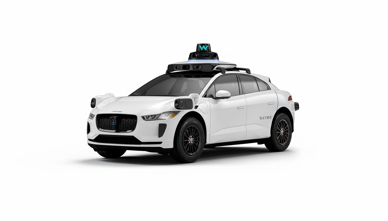 A white Waymo self-driving car, a Jaguar I-PACE, is shown from a front three-quarter view against a clean white background. The car features various sensors and a prominent Waymo logo on its roof.