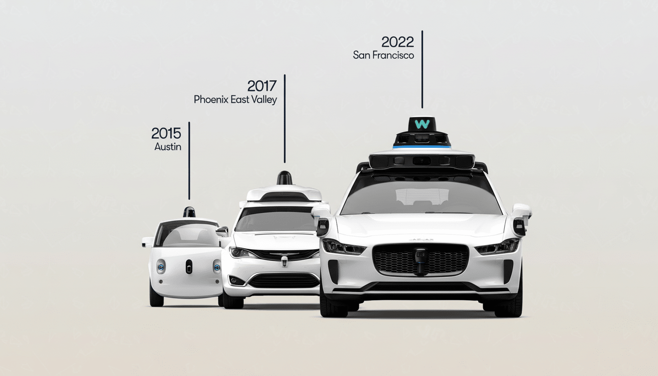 Three generations of Waymo self-driving cars, from 2015 to 2022, are shown in a professional 16:9 aspect ratio.