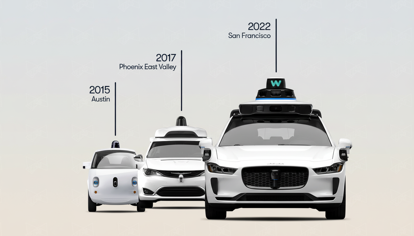 A timeline showing the evolution of Waymos self-driving cars from 2015 to 2022, with three white autonomous vehicles of different models and sizes.