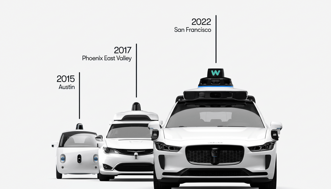 Three white self-driving cars from Waymo, showing their evolution from 2015 to 2022, with text indicating their deployment locations.