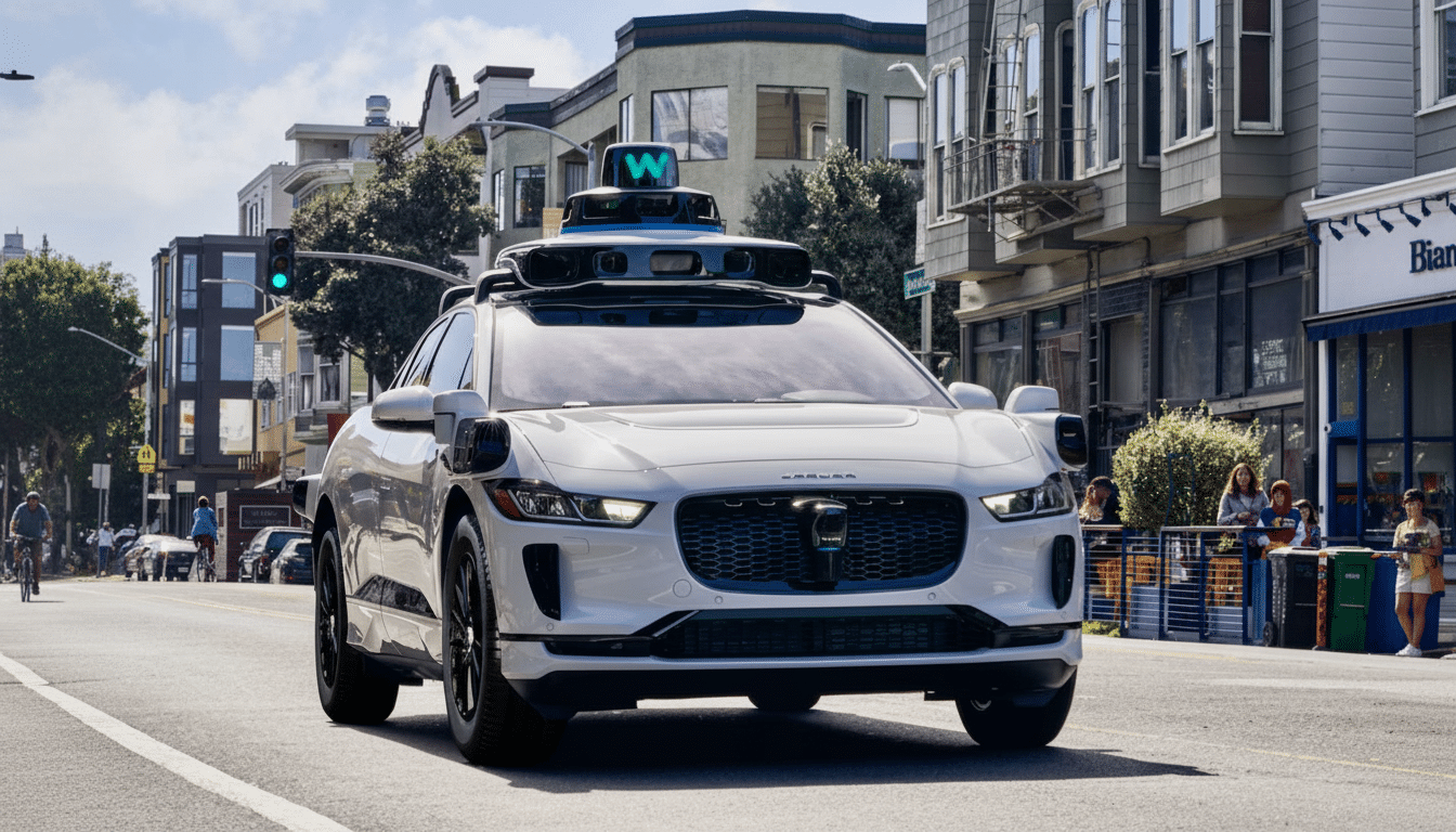A white self-driving car with a prominent sensor array on its roof drives down a city street with buildings and trees in the background.