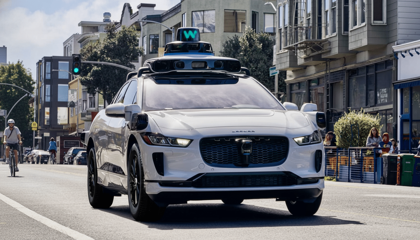 A white Jaguar I-PACE autonomous vehicle with a W logo on its roof drives down a city street.