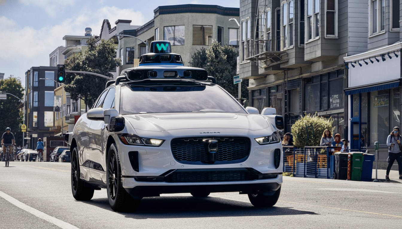 A white self-driving car with a W logo on its roof drives down a city street.