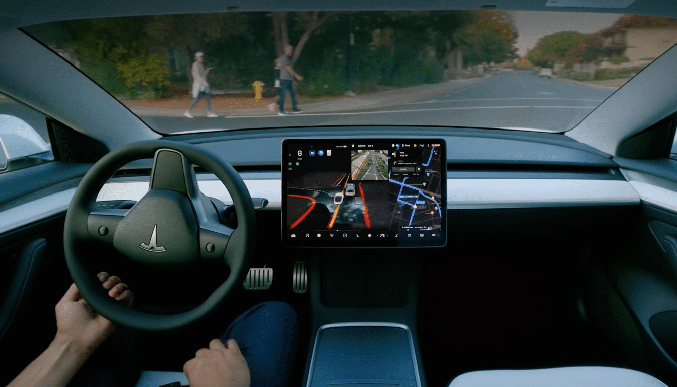 A persons hands on the steering wheel of a Tesla, with the cars large central screen displaying navigation and autonomous driving visualizations.