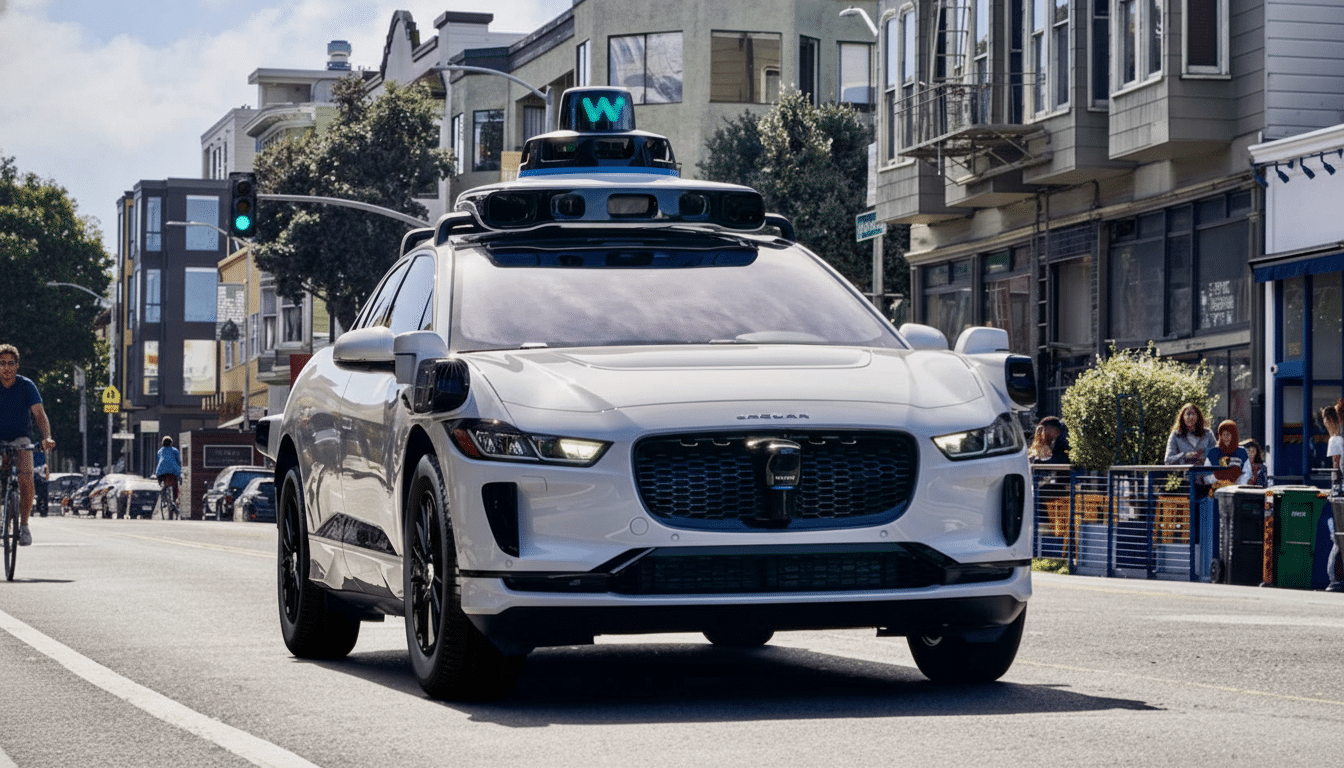 A white self-driving car with a W logo on its roof drives down a city street.