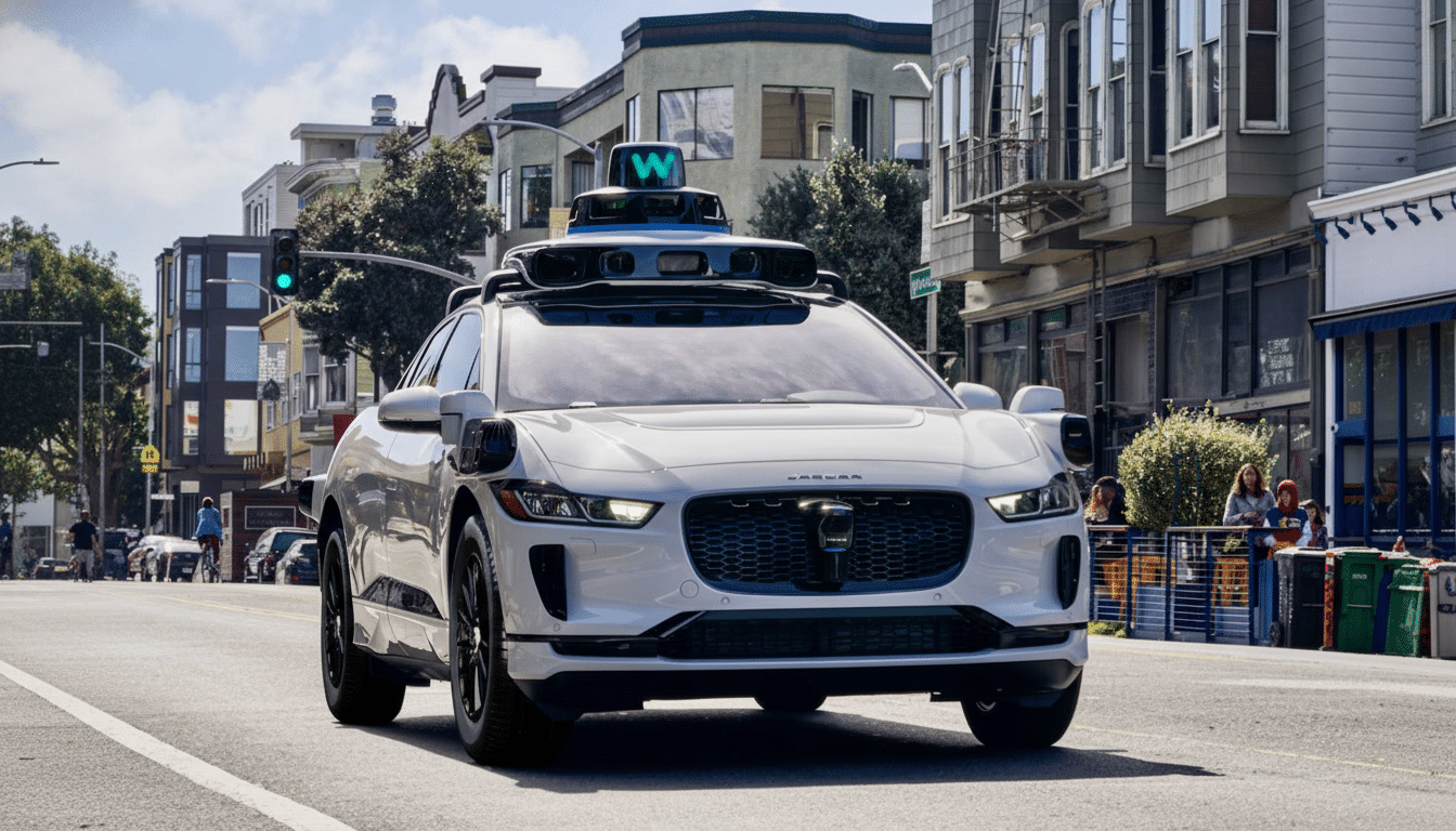 A white Jaguar I-PACE autonomous vehicle with a Waymo sensor array on its roof drives down a city street.