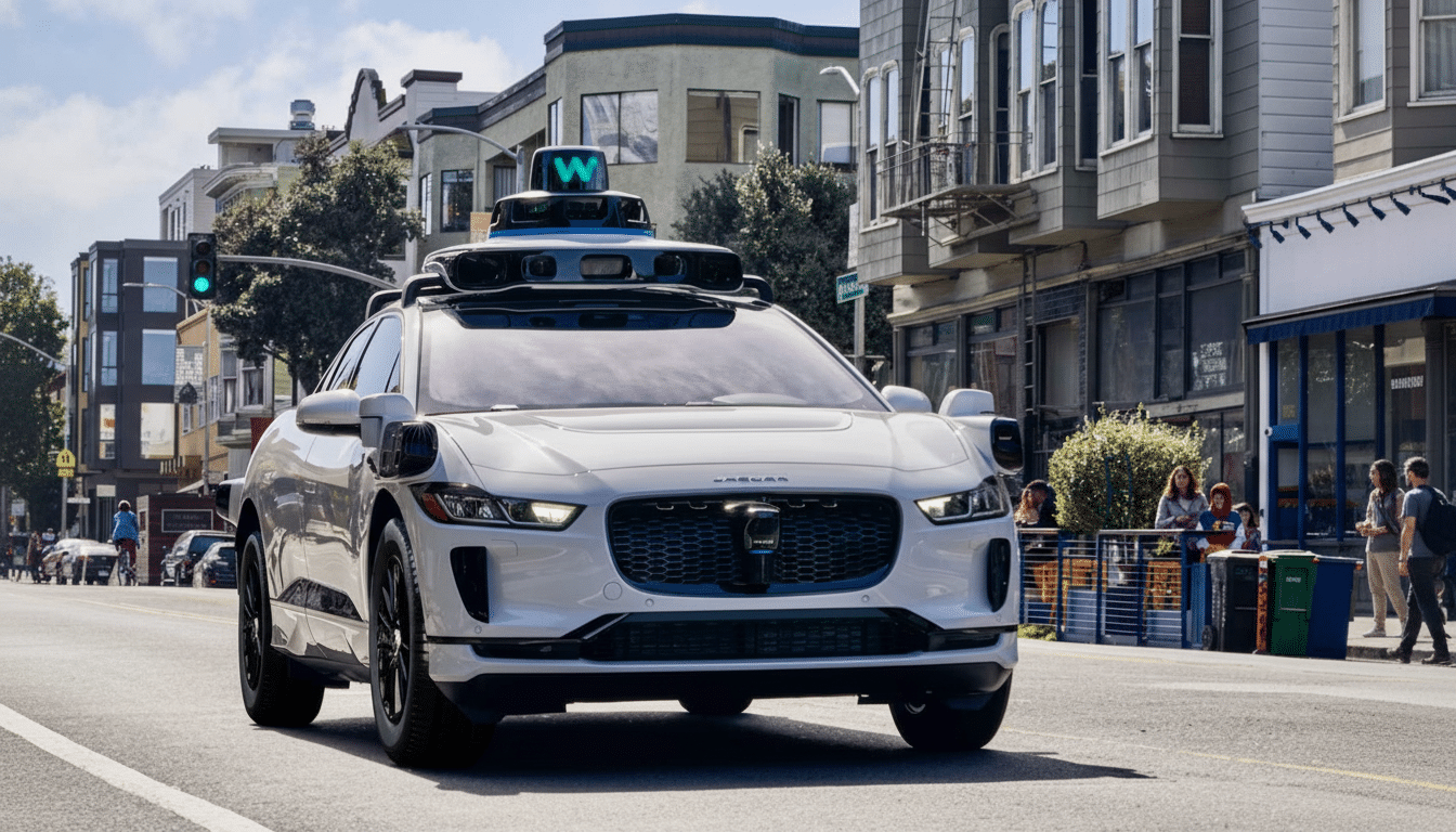 A white Jaguar I-PACE autonomous vehicle with a W logo on its roof drives down a city street.