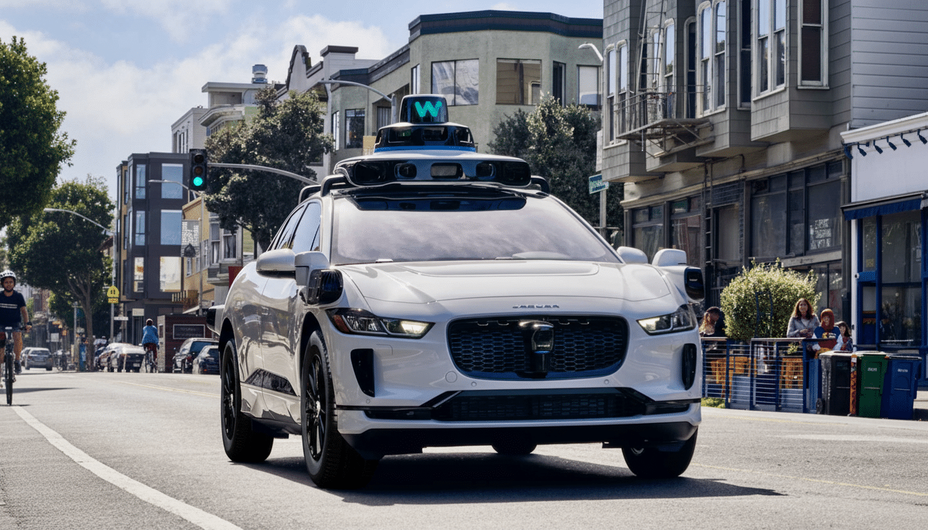 A white self-driving car with a W logo on its roof drives down a city street.