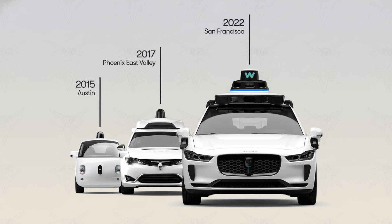 A timeline showing the evolution of Waymos self-driving cars from 2015 to 2022, with three white vehicles of different models and years.