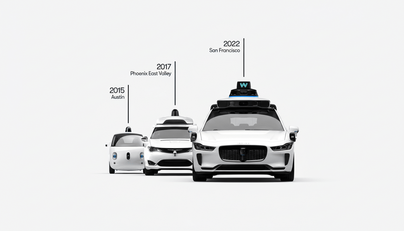 Three generations of Waymo self-driving cars, from 2015 to 2022, are shown in a timeline.