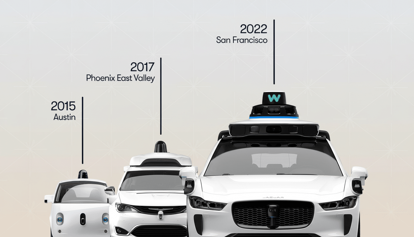 Three generations of Waymo self-driving cars, from 2015 to 2022, are shown in a professional 16:9 aspect ratio with a subtle gradient background.