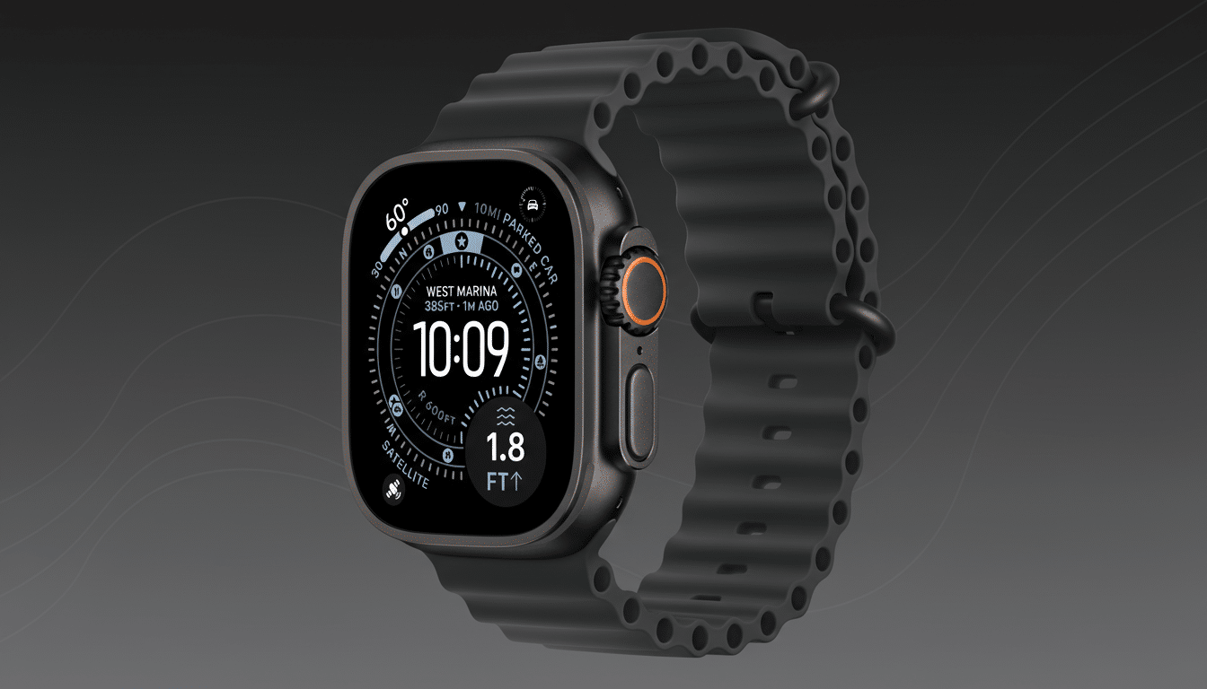 A dark gray Apple Watch Ultra with a black wavy band is presented on a professional dark gray background with subtle, lighter gray wave patterns. The watch face displays various metrics including time, compass, and depth.